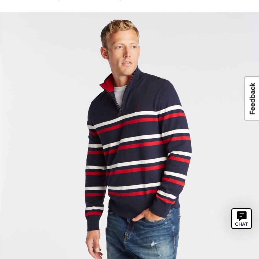 Nautica Navy Quarter-Zip Sweater with Red & White Stripes - Picture 1 of 3